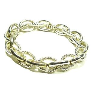 Minimalist Silver Tone Bracelet Rope Oval Link Stretch Textured Punk Biker